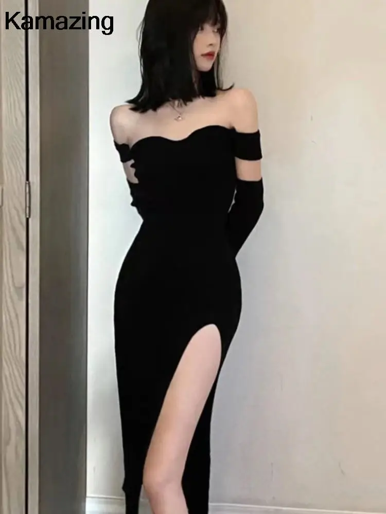 Women\'s Autumn Elegant Sexy Bodycon Midi Black Knitted Dress Slim Casual Party Evening Sweater Vestidos Fashion Female Clothes