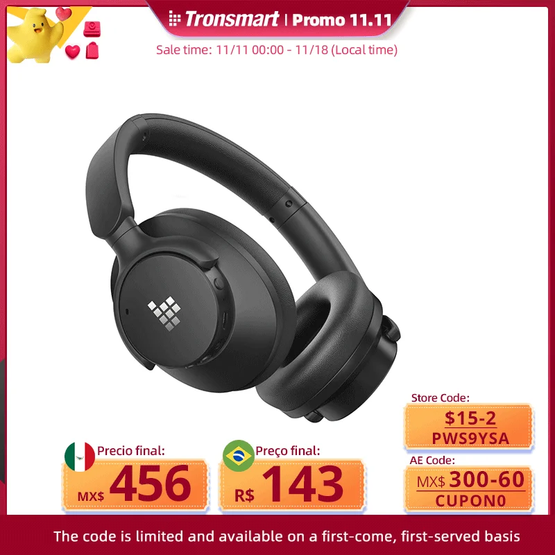 Tronsmart Sounfii Q20 Headphones Bluetooth Headset with Active Noise Cancellation, 50H Playtime, App Control, Dual Audio Mode