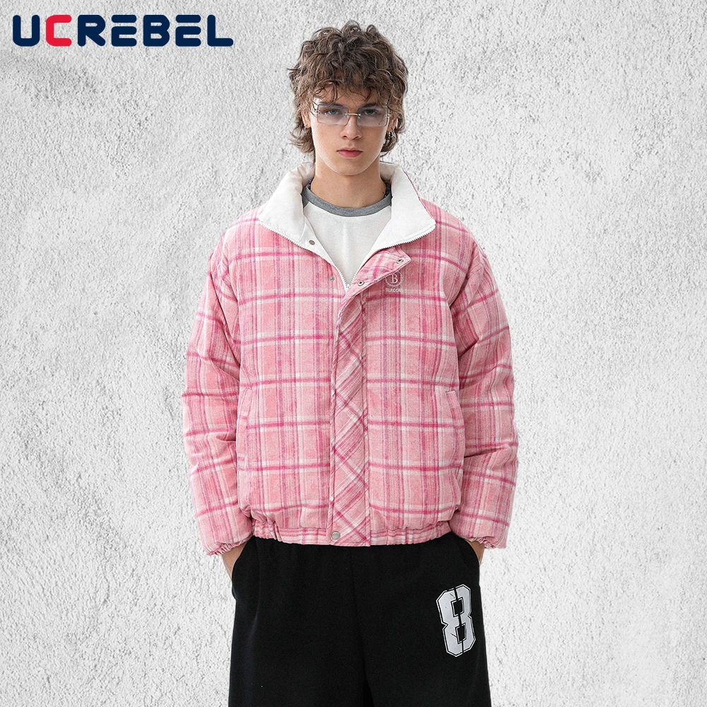 

Plaid Double-sided Padded Jacket Mens Embroidery Winter Thick High Street Stand Collar Long Sleeve Thick Quilted Jacket Man