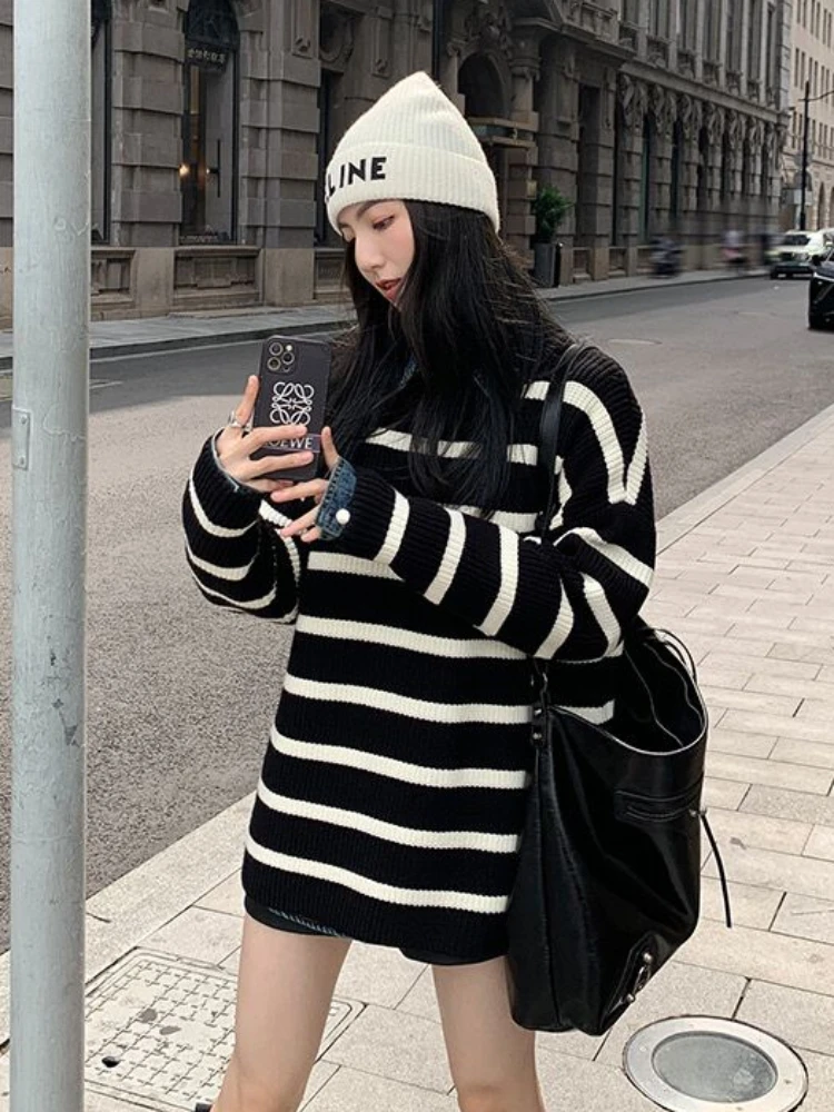 Slouchy Baggy Striped Sweaters Women All-match Casual Stylish Harajuku Japanese Style Knitwear Autumn Hipster High Street Daily