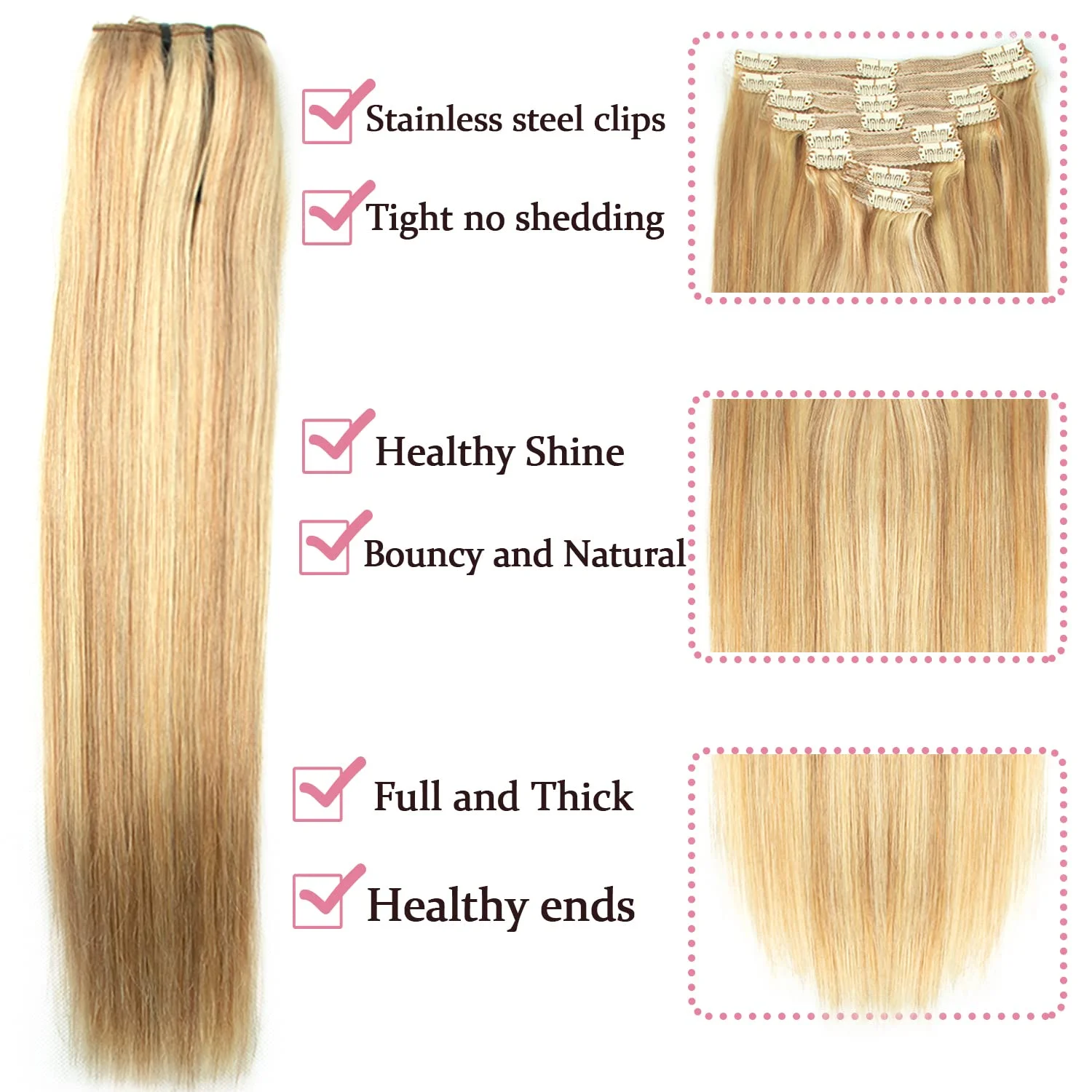 8Pcs Clip In Hair Extensions 100% Real Human Hair P8/613 Color Brown Highlight Blonde For Women Daily Use Real Easy Wear To Go