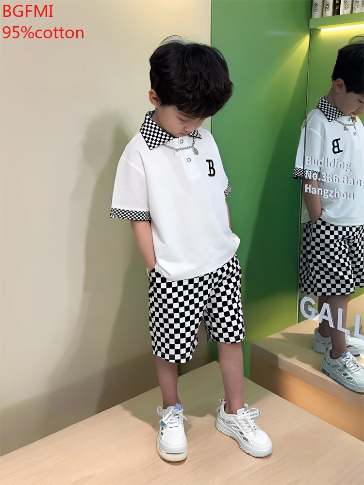 Korean Teenage Boy Summer Plaid Kids Suit Baby Children New Polo Set Thin Short Sleeves Patchwork Shirt +Shorts 2 Pc Casual Suit