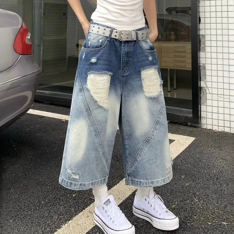 

Американские рваные джинсы в стиле ретро, женские свободные широкие брюки, мешковатые джинсы длиной до колена с высокой талией