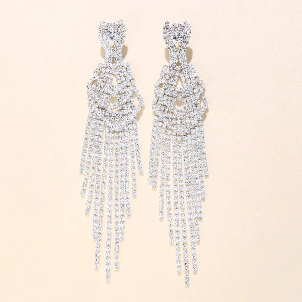 Temperament Rhinestone Heart Long Tassel Earrings Ladies Wedding Crystal Big Drop Dangle Earrings Banquet Jewelry Accessories