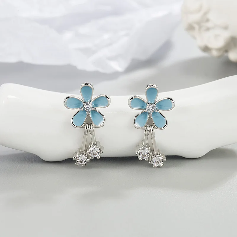 New Fashion Grey And Blue Daisy 925 Sterling Silver Female Personality Crystal Beautiful Flower Exquisite Stud Earrings  TYB244
