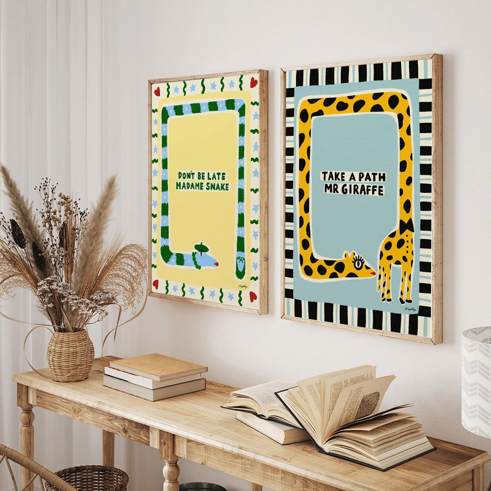 Funny Cartoon Dachshund Dog Poster and Print Giraffe Snake Jellyfish Alligator Animal Canvas Wall Art Picture For Kid Decor Gift