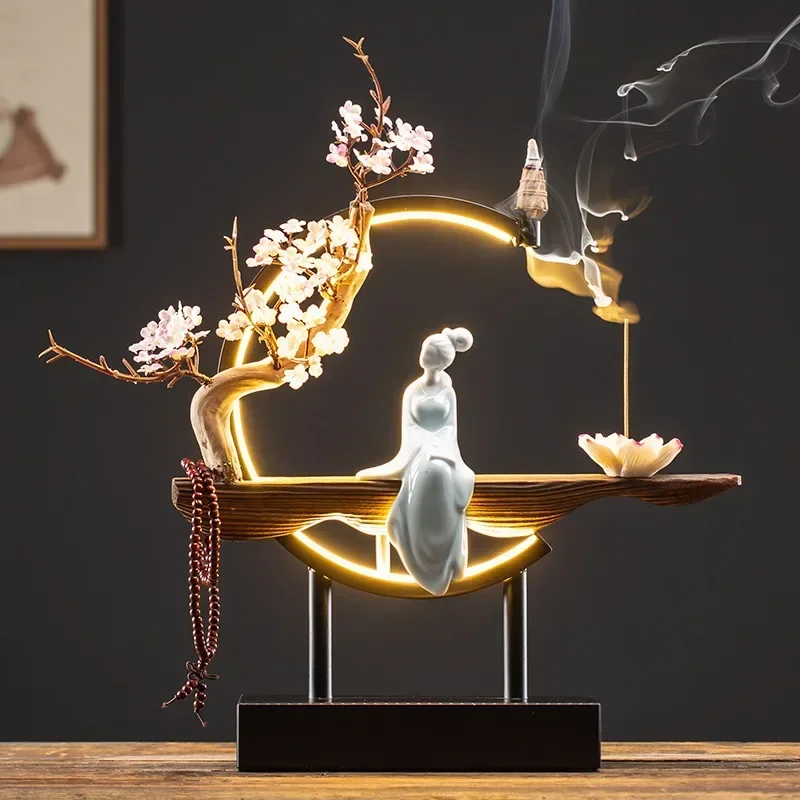 Chinese Style Backflow Incense Burner Plug-in LED Light Iron Frame Incense Holder Large Home Decor Ornament Atmosphere