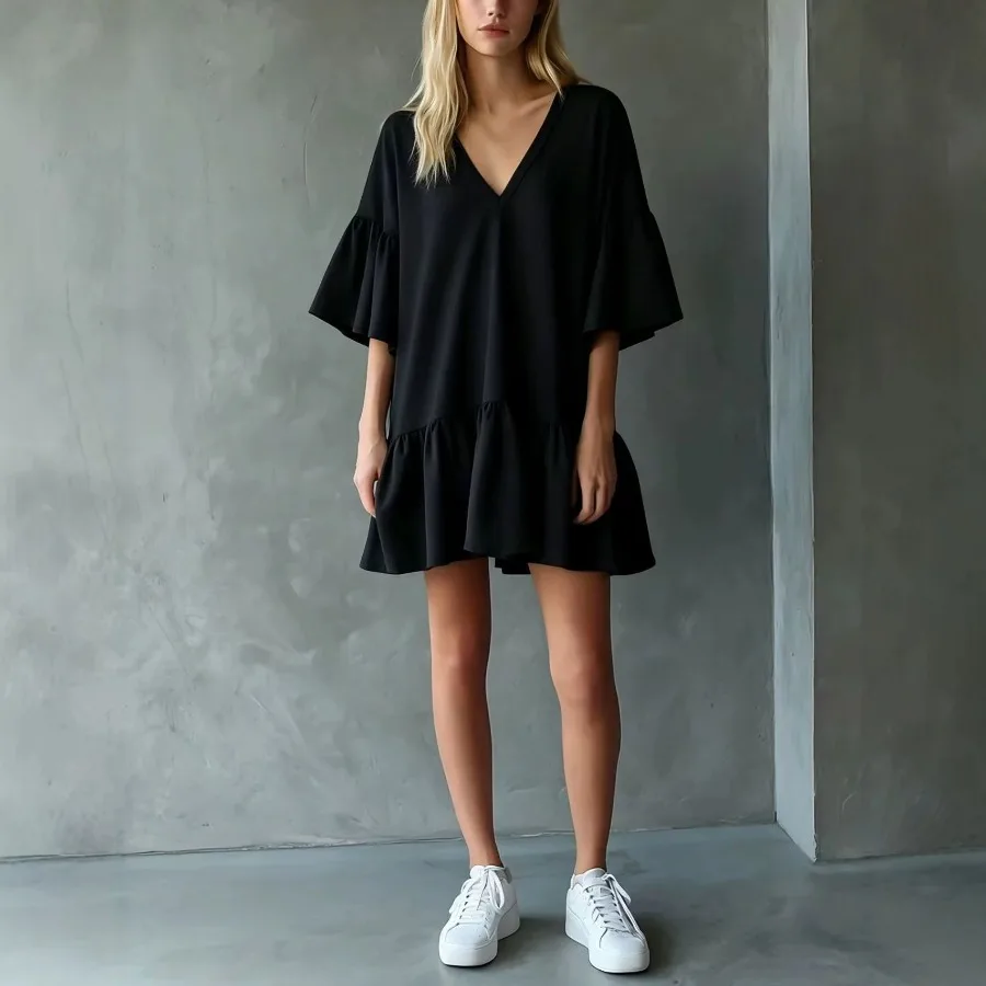 

【New style】2026 new women's clothing V-neck ruffled sleeves fashionable summer pleated solid color dress short skirt
