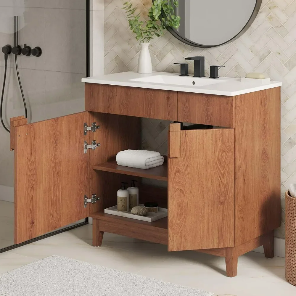 White Walnut The Miles Bathroom Vanity includes a curved ceramic basin sink with an integrated countertop