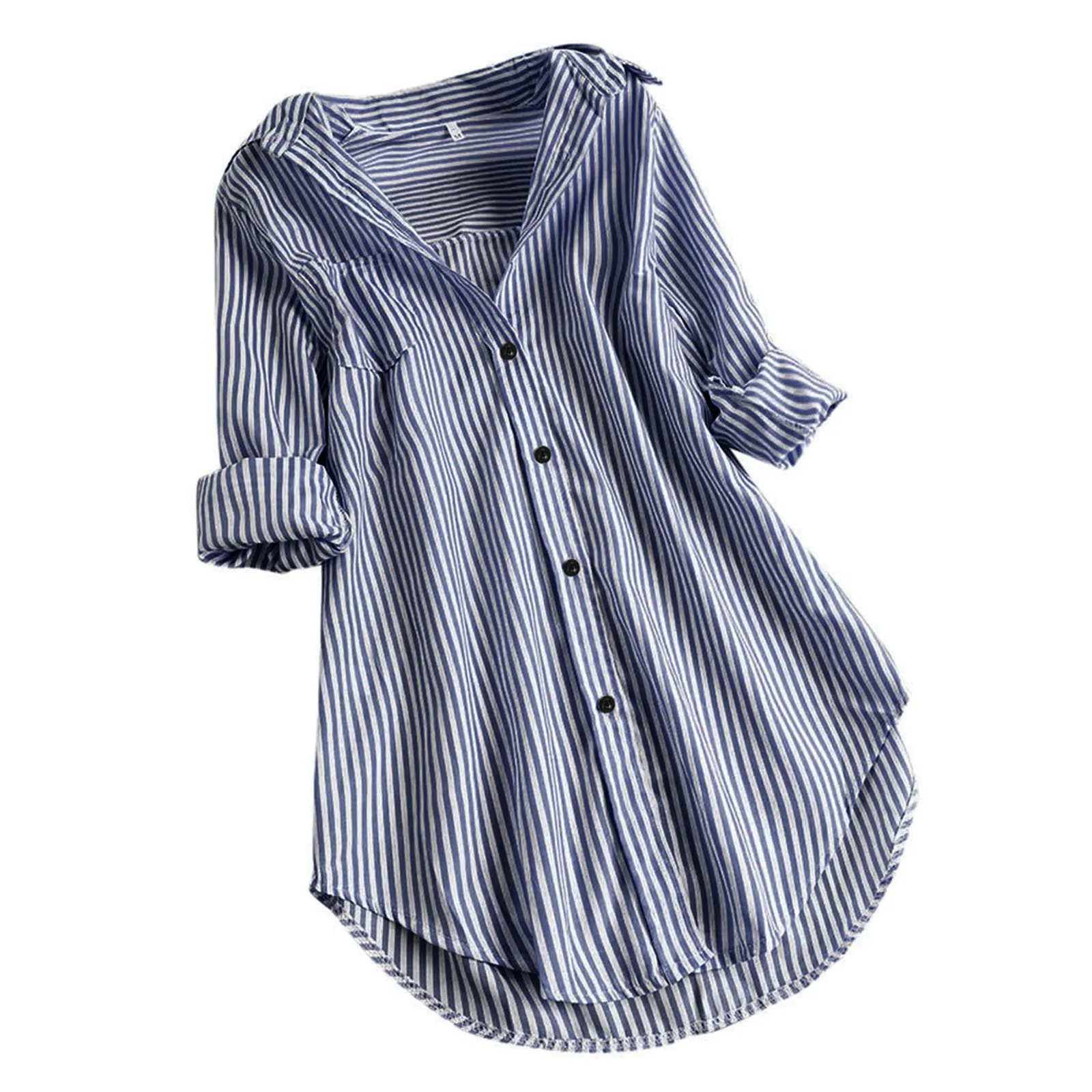 Women's Striped Printing Turn-down Collar Long Sleeved Button Loose Fitting Shirt Tops Simplicity Leisure Female Blouses