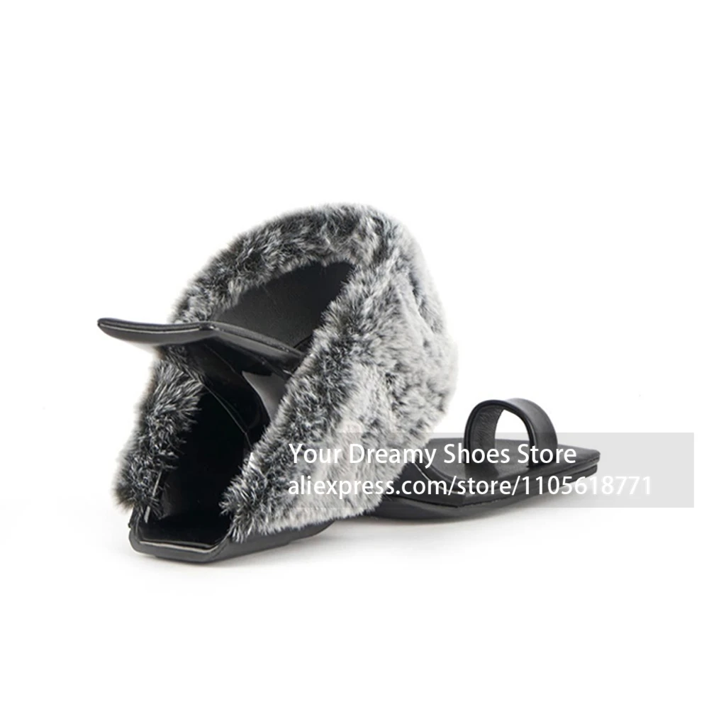 Geometric Asymmetrical Heel Heeled Slides Grey Faux Fur Strap Asymmetrical Heel Mules Soft Plush Texture Heels Luxury Fur Glam