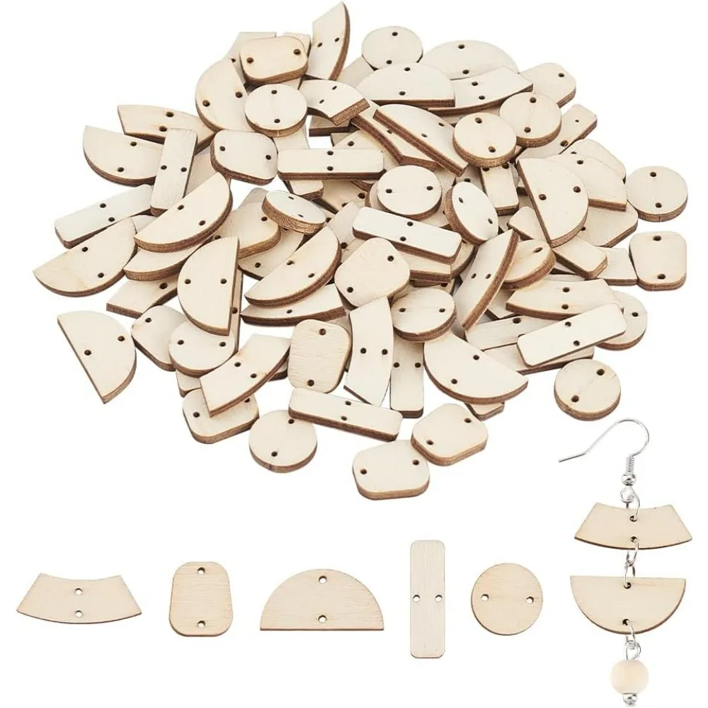 100Pcs 5 Style Natural Wood Earring Blanks Wood Connector Pendants Geometric Undyed Wood Pendants Connectors Links with Double