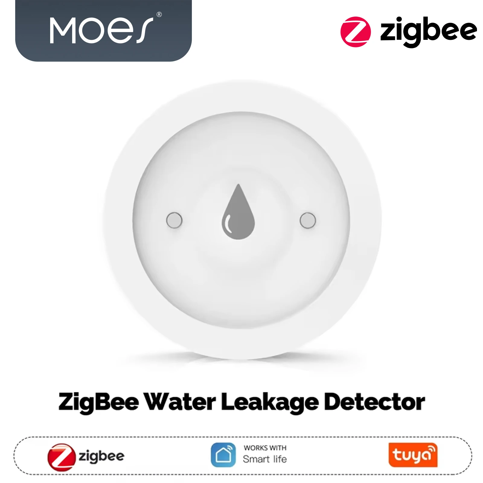MOES Tuya ZigBee 3.0 كاشف إنذار تسرب المياه الذكي، مستشعر الفيضانات والغمر، إنذار في الوقت الحقيقي، إشعار تطبيق الحياة الذكية