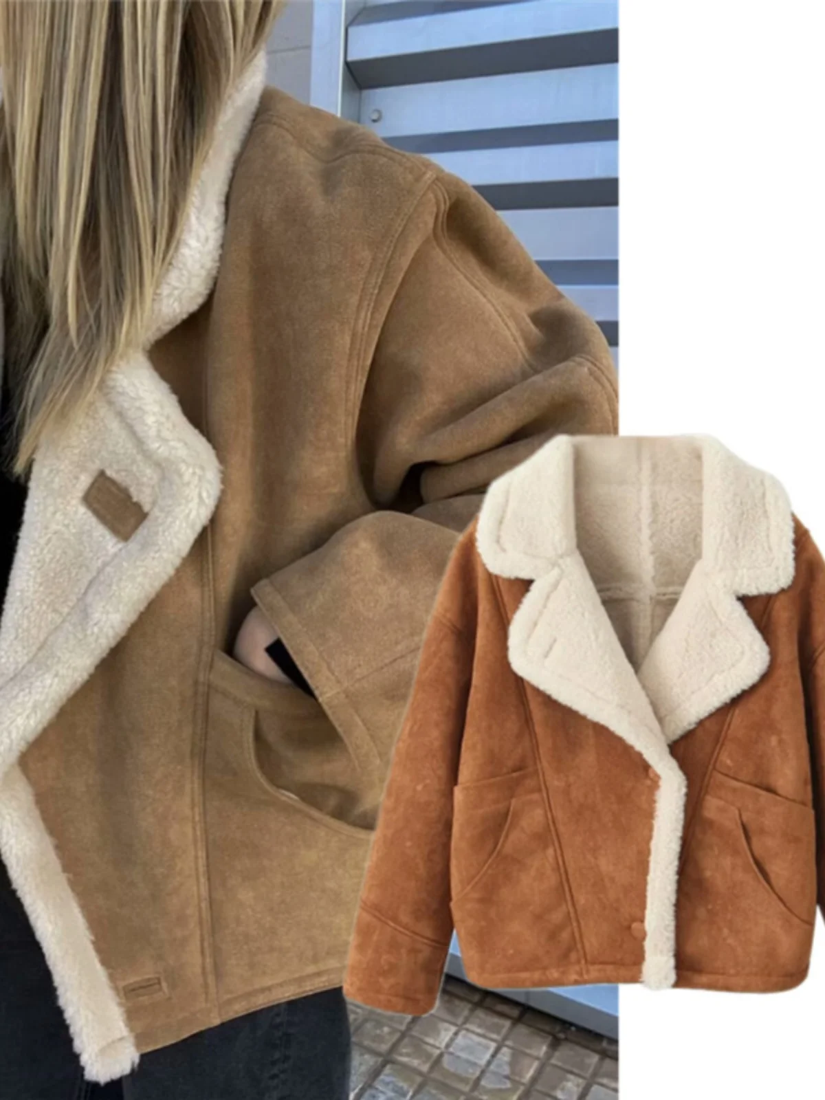 

Thiened замшевое байкерское пальто с меховым воротником ягненка, винтажная зимняя верхняя одежда, уличное пальто, женская одежда премиум-класса