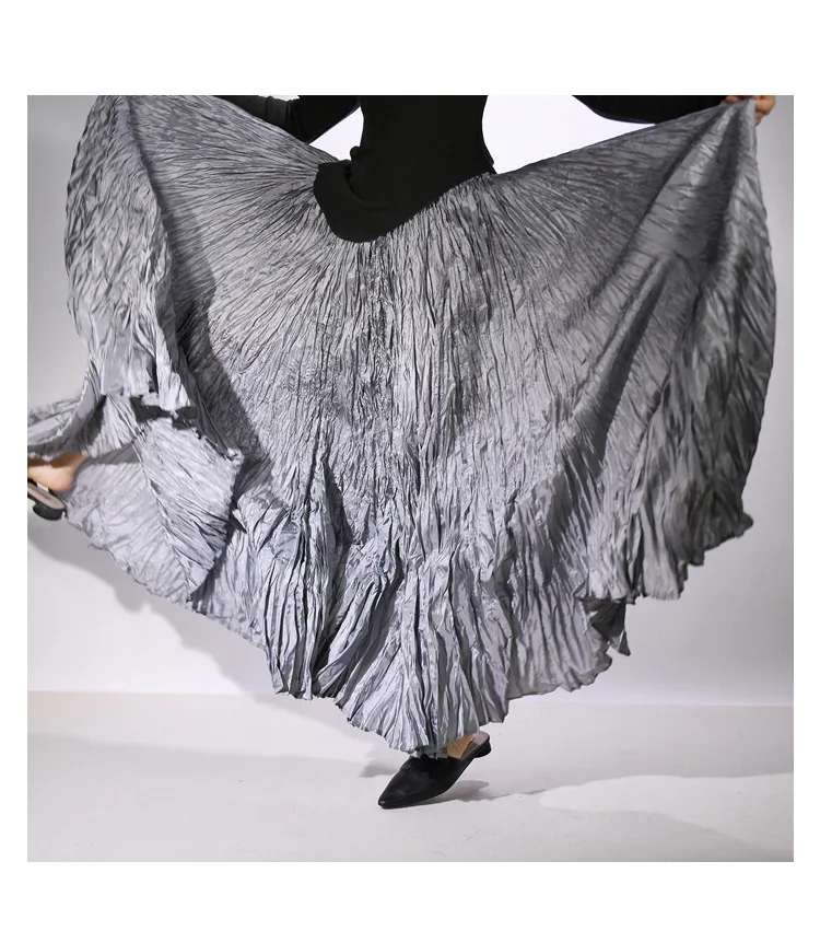 High Quality Women Spring Long Skirts Wide Hem Pleated Design High Waist A-Line Dance Maxi Skirts Faldas Femme Streetwear