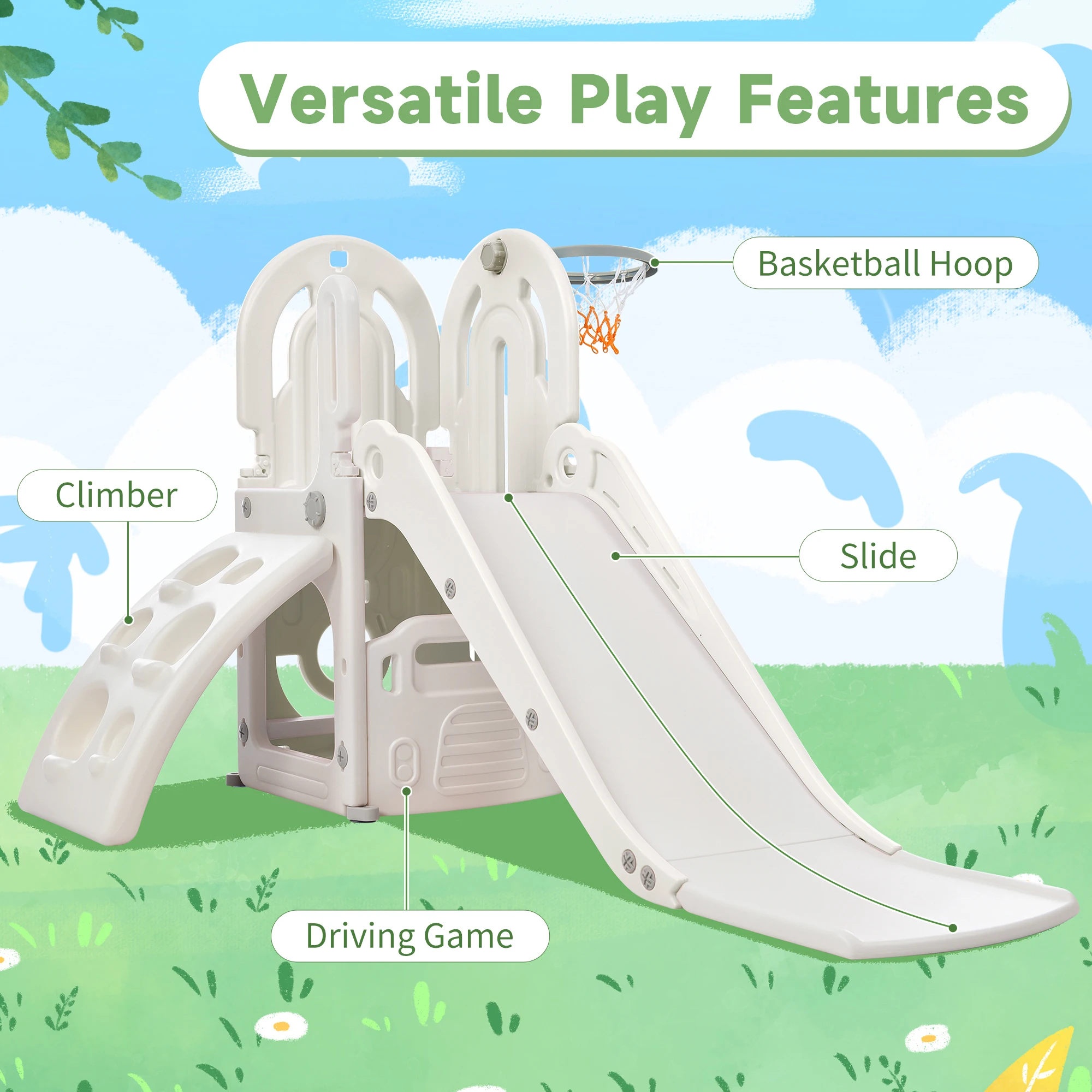 Toddler Climber and Slide Set 4 in 1, Kids Playground Climber Freestanding Slide Playset with Basketball Hoop Play Combination f