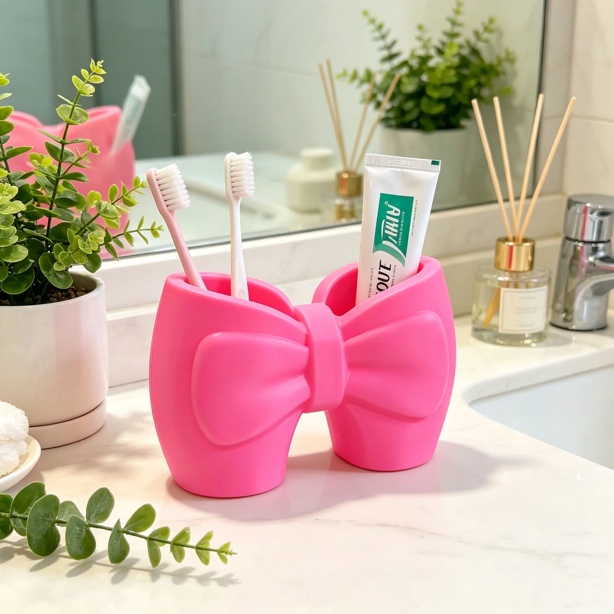 3D Printed Girly Bowknot Storage Tube, Makeup Brush Holder, Desktop Multifunctional Pen Holder, Bathroom Toothbrush Stand, Single Piece