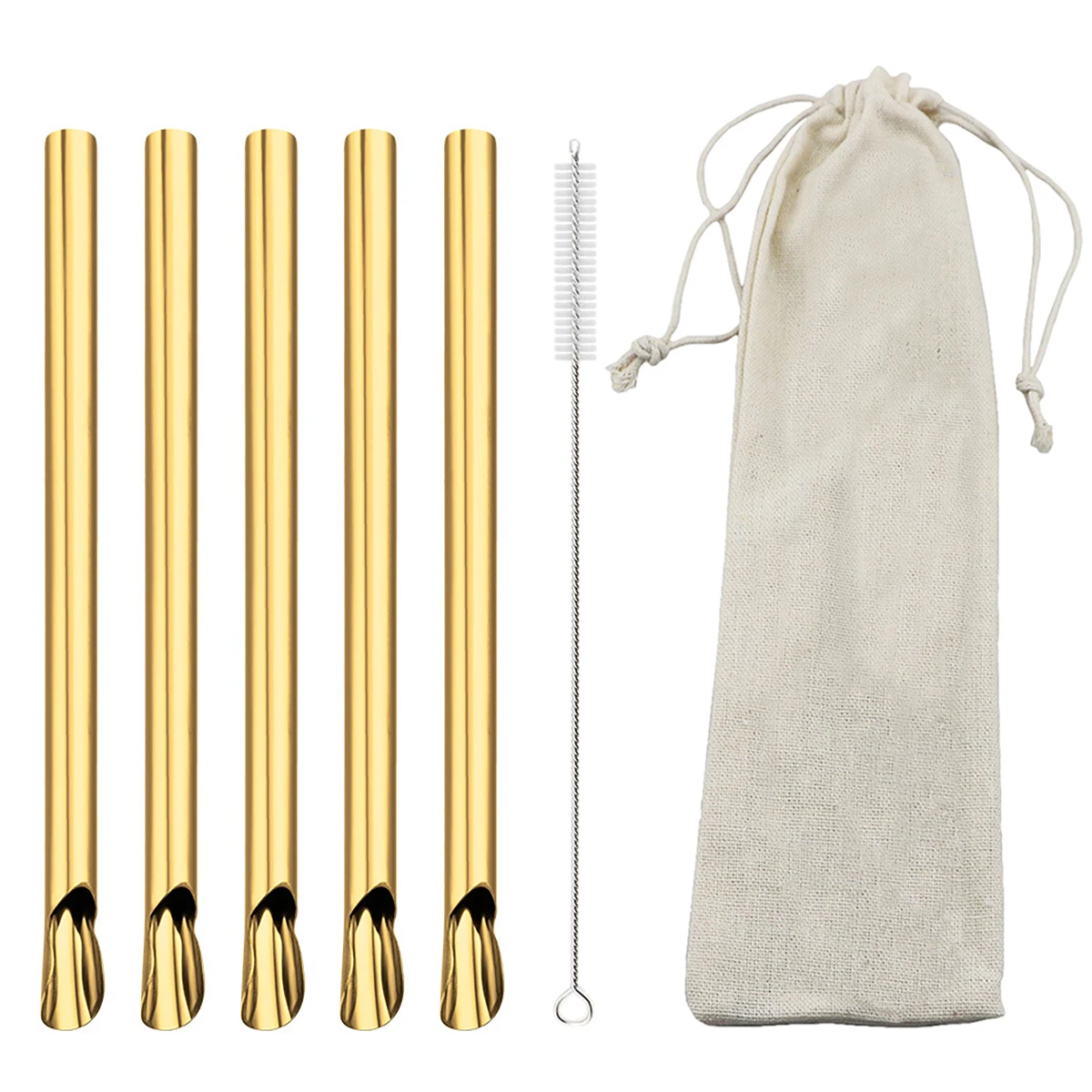 

7pcs Gold Stainless Steel Reusable Straw Pearl Milkshake Bubble Tea Straw with Brush Bag Stirring Smoothie Spoon Shaped Straw