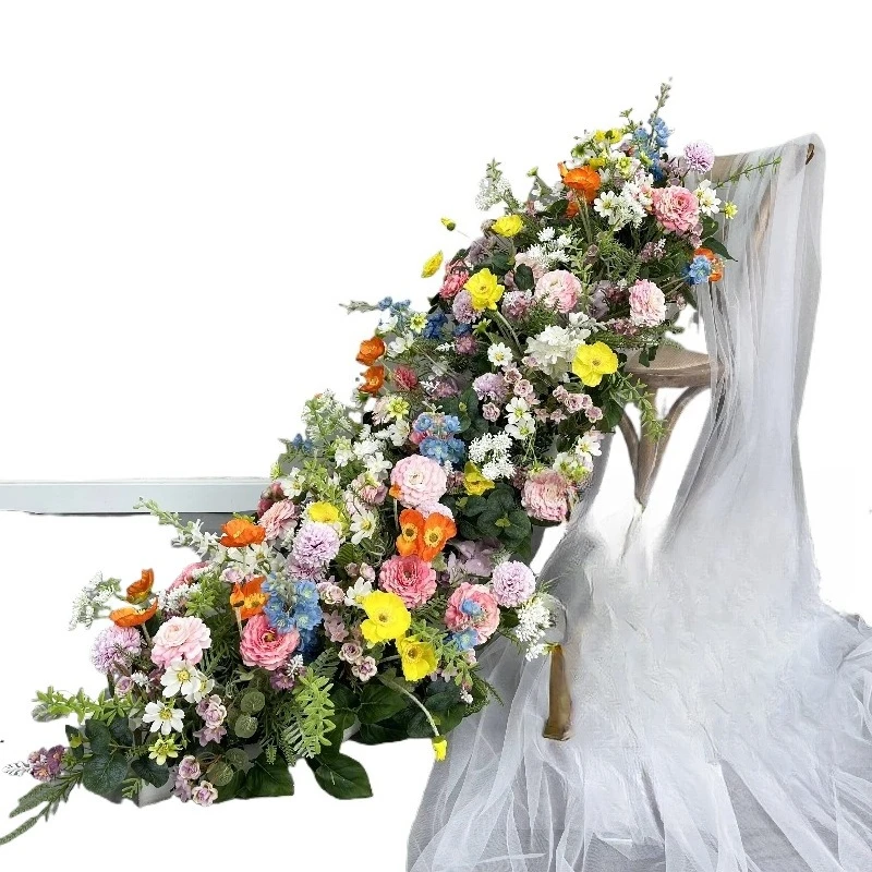 

Table wreath artificial green plant leaves pink white flower runner for wedding decoration
