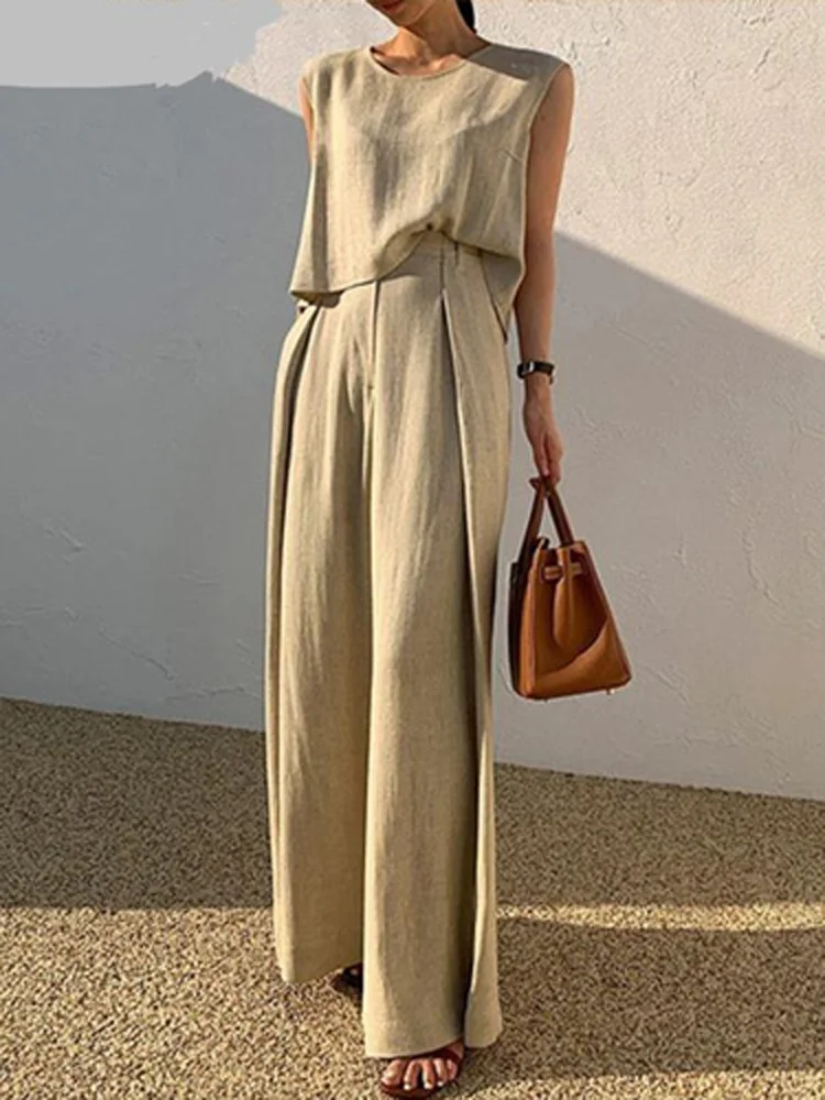 Summer Loose O-Neck Top Wide Leg Pants Two Piece New Elegant Pullover Pants Summer Suit Women Harajuku Style Cotton Linen Suit