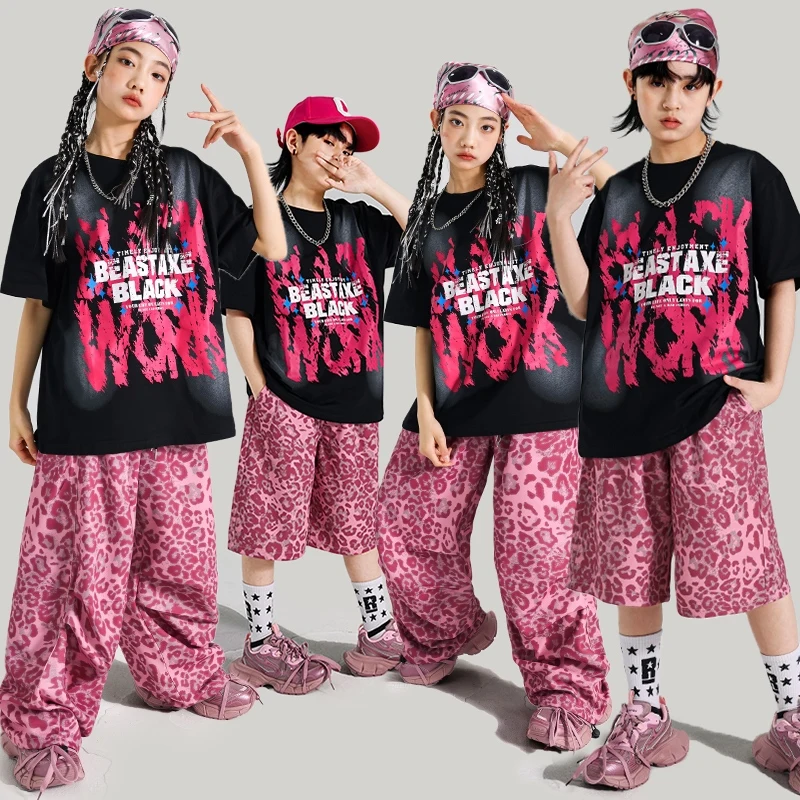 

Street Dance Costume Kids Hip Hop Set Pink Leopard Print Trousers Oversize Black T-Shirt Children Jazz Outfit Streetwear AMY1953