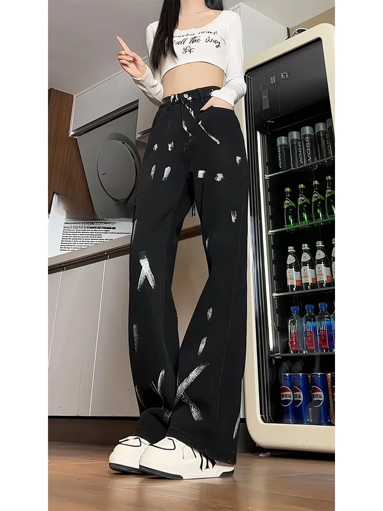 

Bla Dyed Spray Ink Jeans Men's Tall Slimming Micro Flared Pants American High Street Vibe Straight Leg Trousers