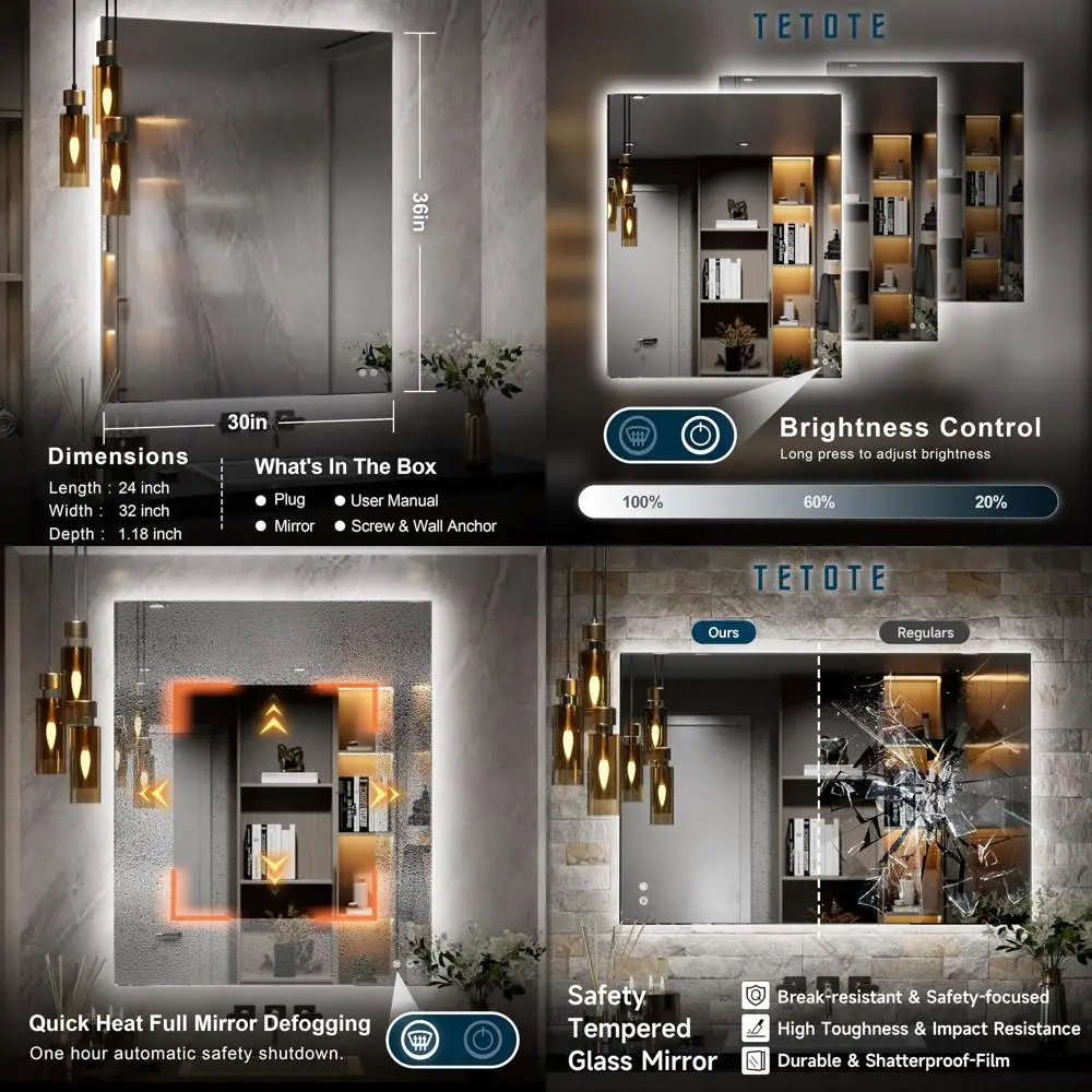 

LED Backlit 30x36 Inch Bathroom Mirror with Dimmable Lights, Anti-Fog, Horizontal/Vertical Mount Vanity Mirror