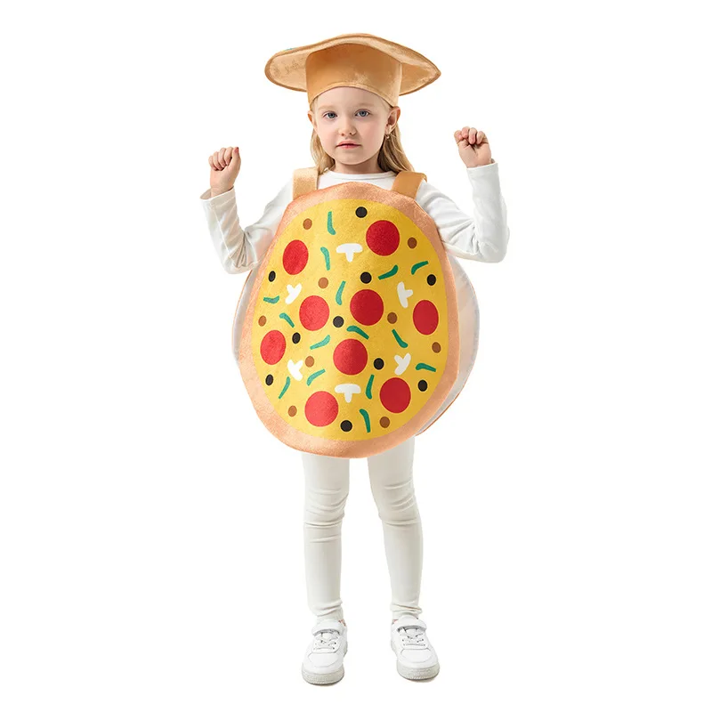 

Kids Food Funny Pizza Cosplay Children Overall Hat Stage Performance Costume Clothing Outfits Halloween Party Fantasia Kit