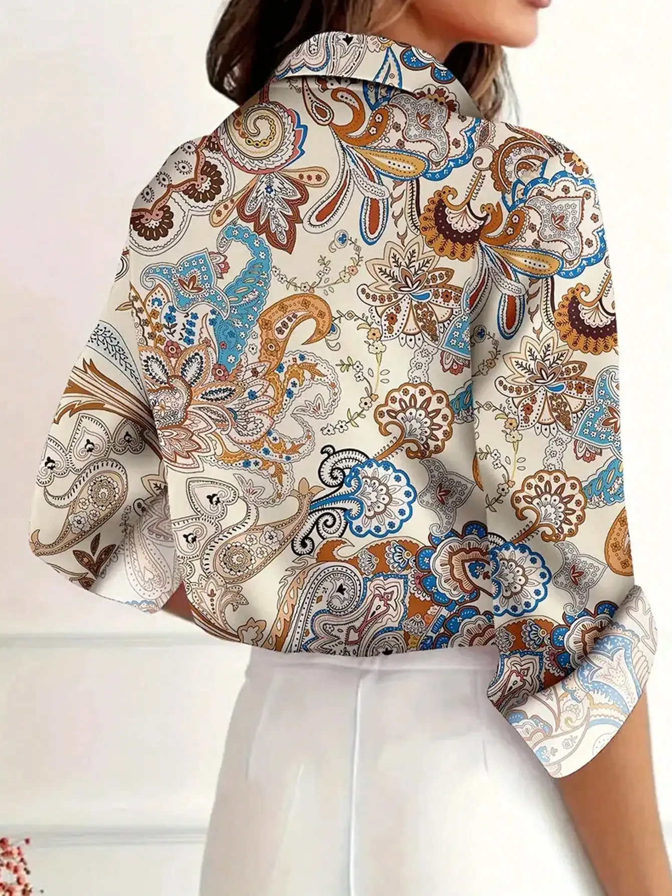 

Women's Paisley Print Button-Up Shirt Casual Long Sleeve Collar Top