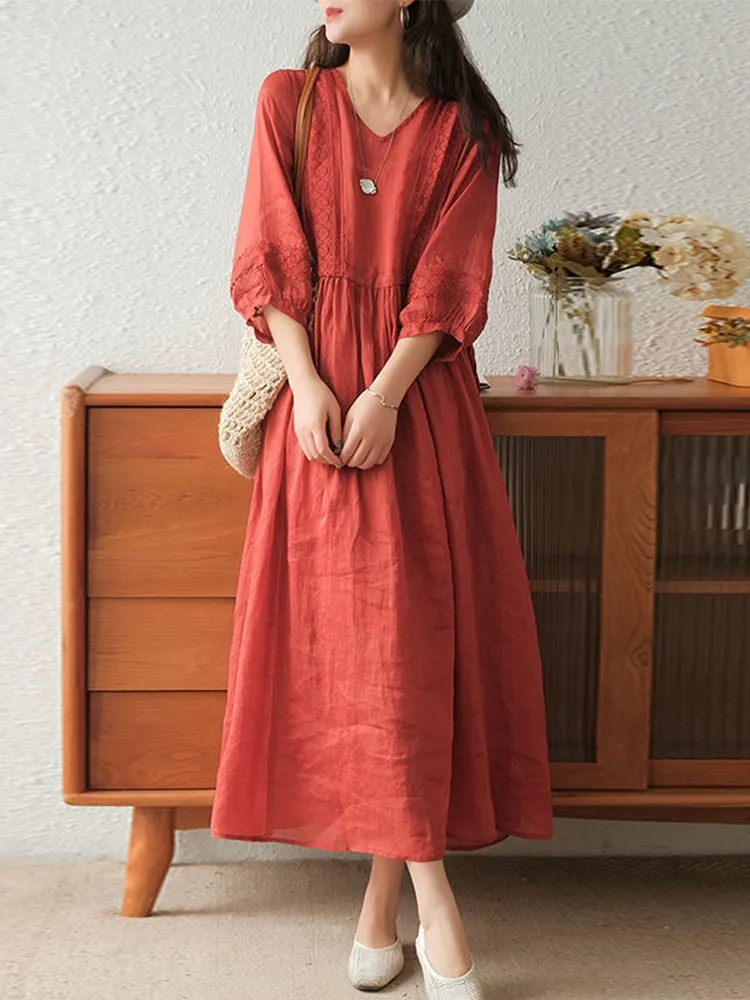 Women Summer Casual Dress New Arrival 2022 Vintage Style V-neck Lace Loose Comfortable Ladies Elegant A-line Long Dresses D386