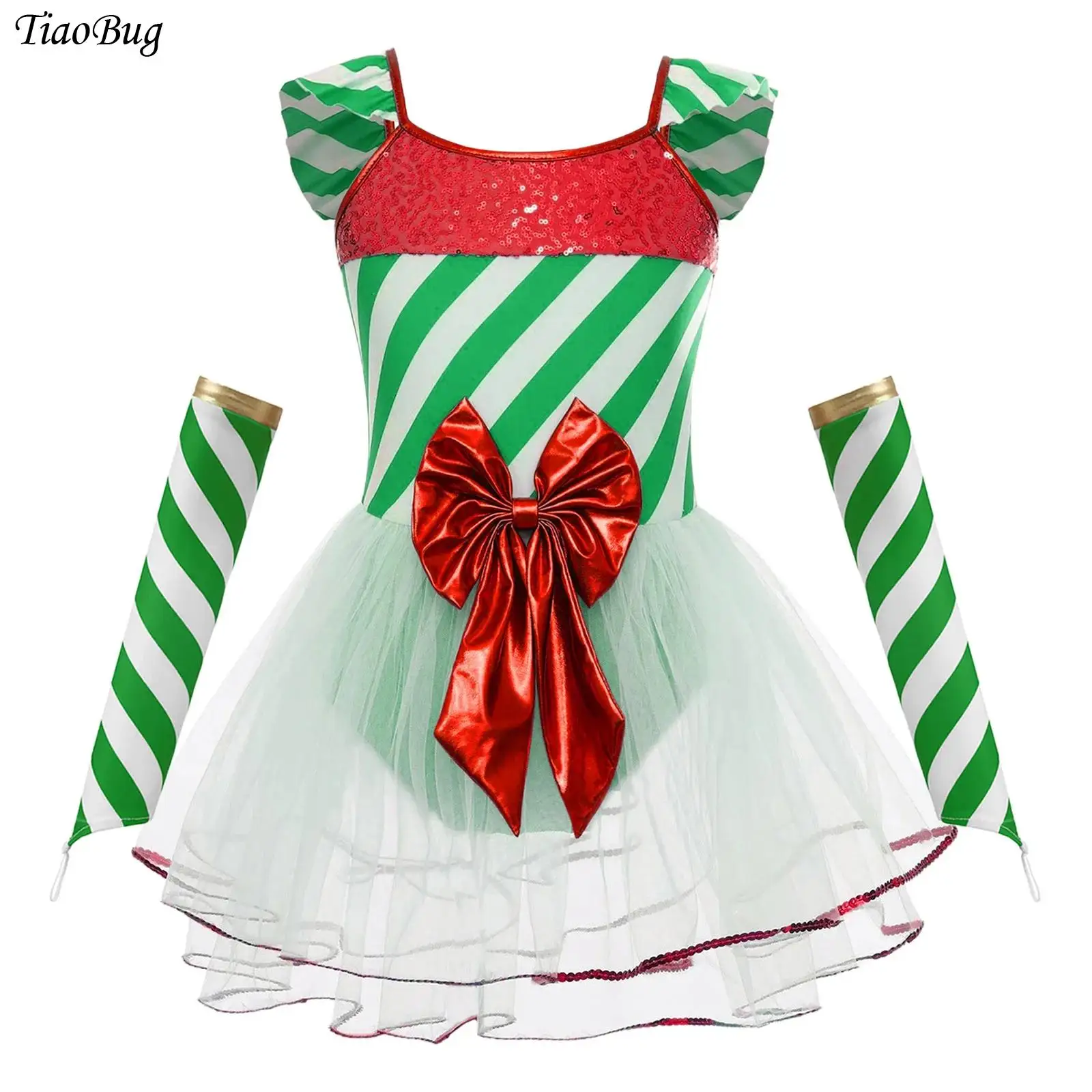 

Girls Sequin Christmas Dance Costume Candy Cane Striped Bowknot Mesh Ballet Tutu Dress with Oversleeves Santa Skating Leotard