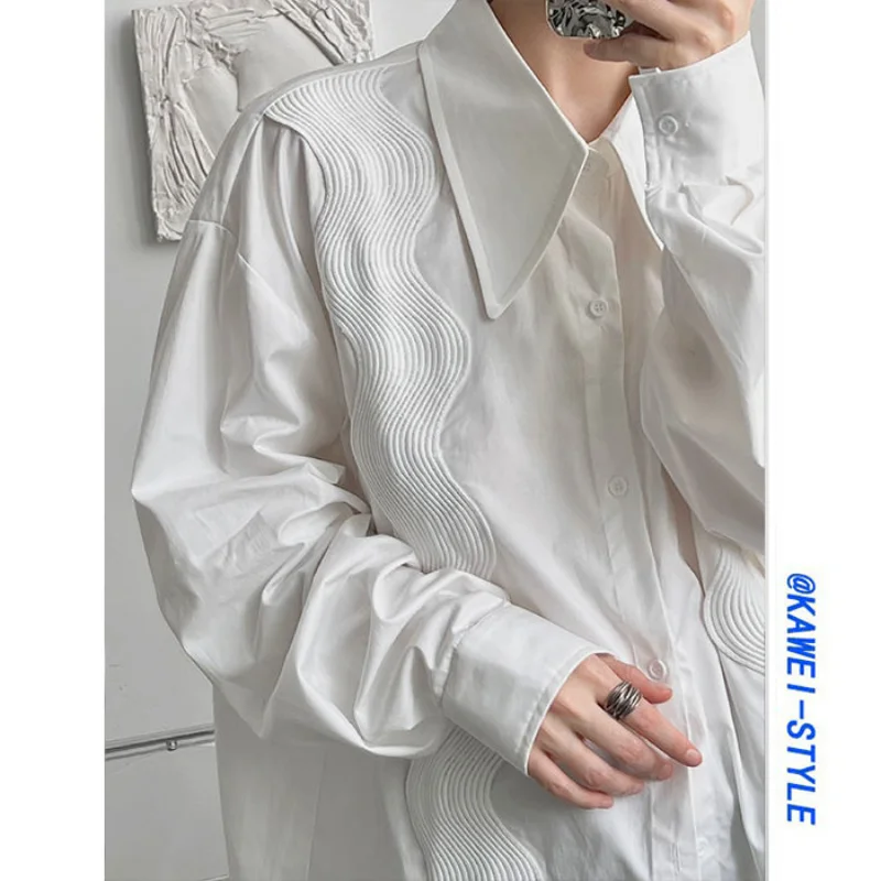 2023 Spring Summer New French Long Sleeve Men\'s Clothing Trend Loose Lapel Spliced Button Casual Printed White Simplicity Shirt