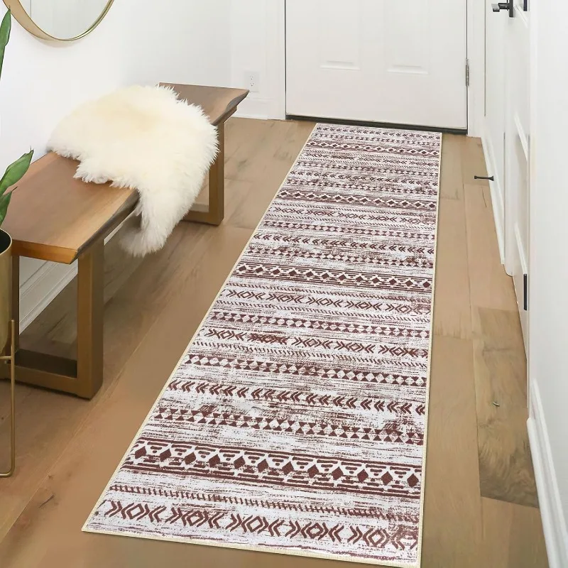 Läuferteppich mit geometrischem Pfeilmuster, moderner böhmischer Heimdekor-Teppich, ethnische Distressed-Textur, rutschfeste Bodenmatte für den Flur