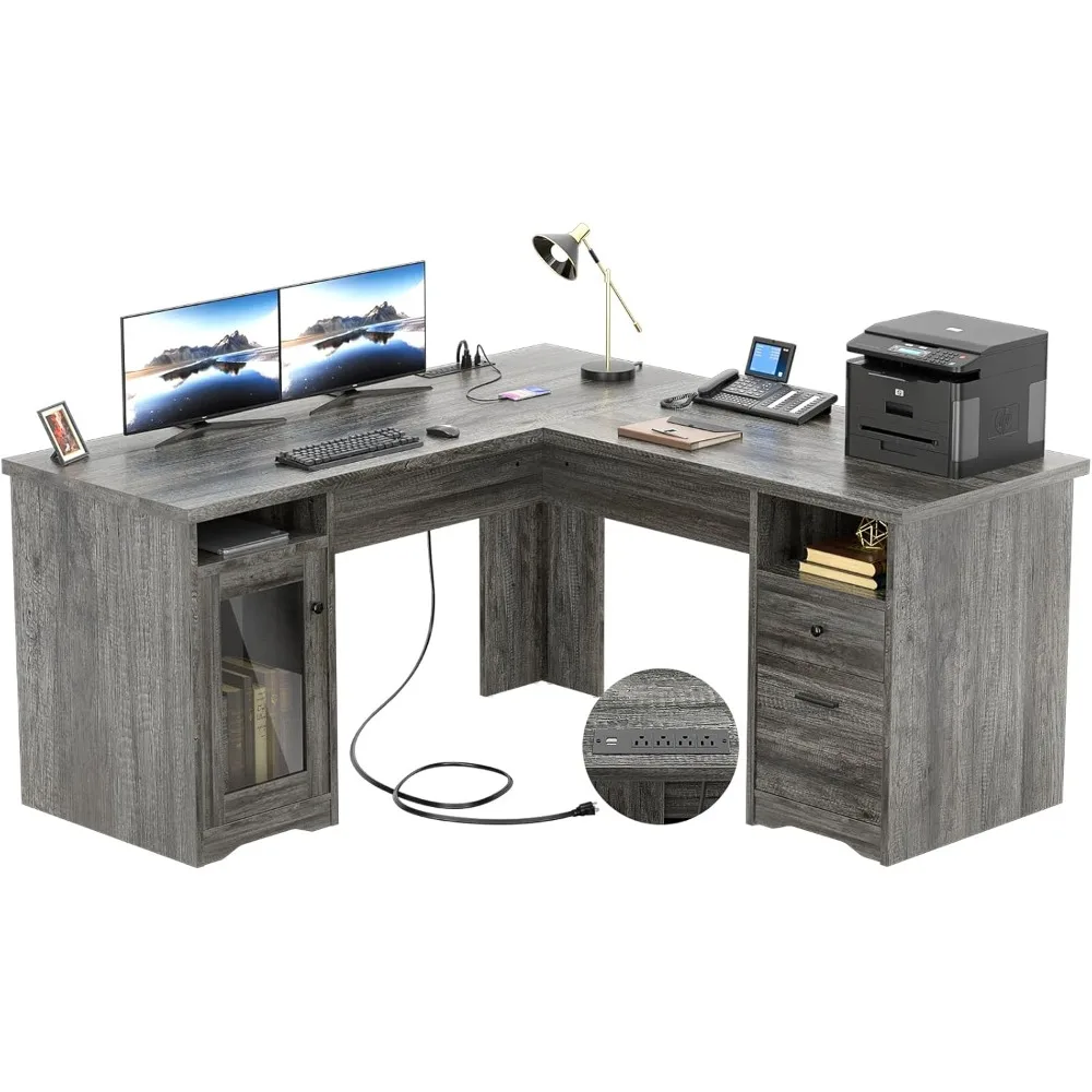 60 Inch Computer Desks, L Shaped Desk with Drawers, USB Charging Port and Power Outlet with File Cabinet, 2 Person Office Desk