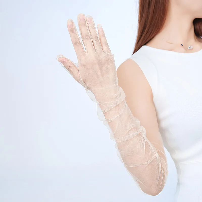 Guantes largos de tul transparente a la moda, manoplas elásticas ultrafinas de dedo completo, codo de malla, guantes de novia de boda, accesorio de