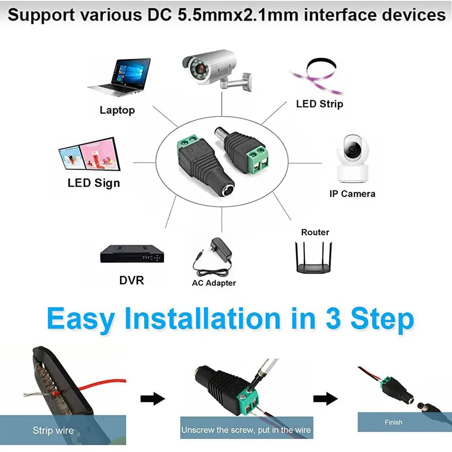 DC Masculino e Feminino Terminais Conector de Alimentação, Plug Adapter para Câmeras CCTV, Single Color LED Strip, 12V, 2,1 milímetros x 5,5 milímetros, 5050, 3528, 5Pcs