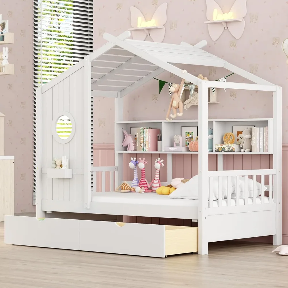 Twin House Bed with Roof & 2 Drawers, Wood Twin Size Montessori Bed with Storage Shelves, Rails and Window for Kids Boys Girls