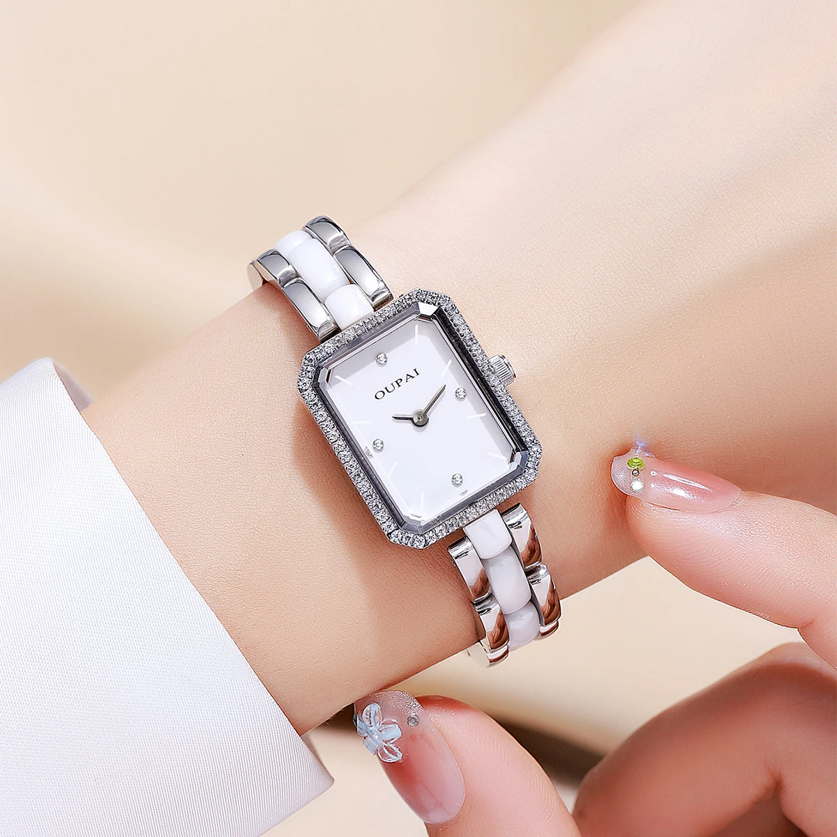 Oupai Reloj Rectangular Pulsera de Mujer Cuarzo Blanco Reloj de Pulsera de Cadena Simple y a la Moda Vestido Exquisito Resistente al Agua