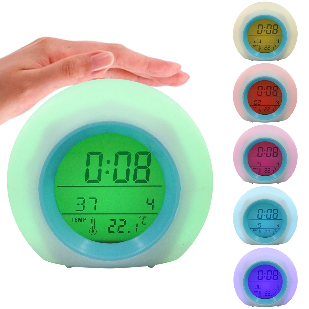 Kids Alarm Clock LED Digital Clock 7 Color Changing Night Light Bedside Clock with Indoor Temperature 12/24H Battery Powered