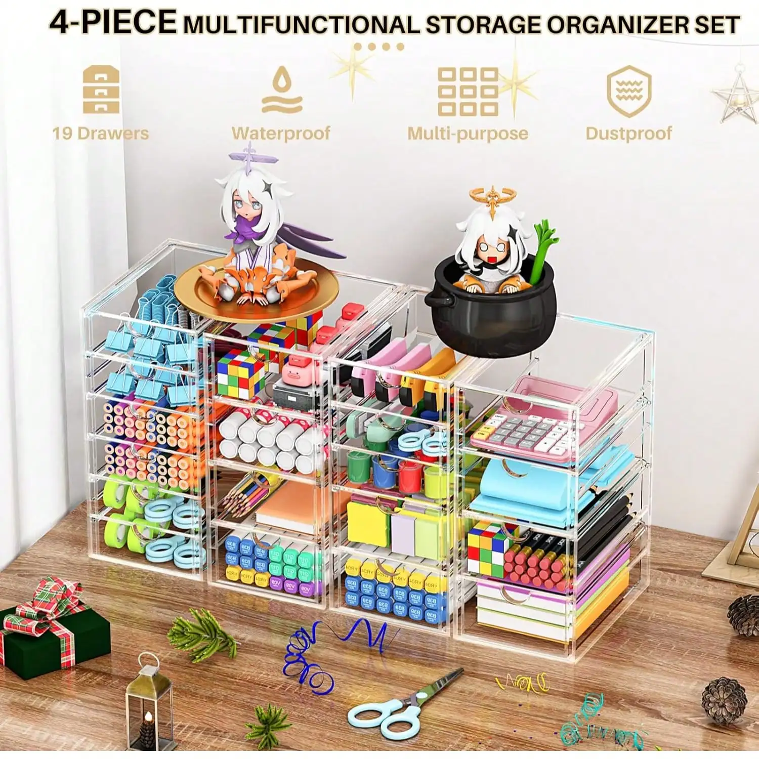 16 Drawers Acrylic Makeup Organizer, 4 Set Clear Desk Storage Drawers, Dustproof Desktop Organizer for Office Supplies, Jewelry, Pens & Cosmetics, Countertop