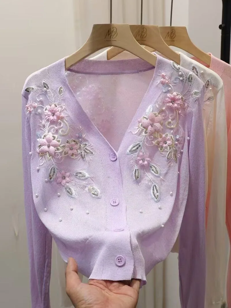 Women  Sweater 2025 Spring Autumn Cardigans V-neck Beading 3d Flower Embroidery  Lady Knitwear Tops  Korean Fashion Cardigan