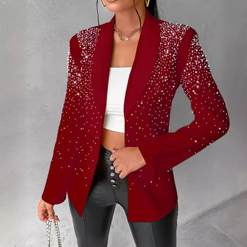 Spring Summer New Women\'s Clothing Solid Color Bubble Beads Large Lapel Long Sleeve Suit Coat Blazer