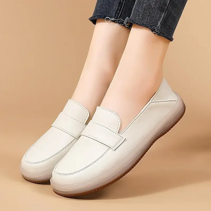 Women's Shoes Middle-Aged and Elderly Leather Pumps Spring Soft Bottom Moccasins Mom Shoes Moccasins Flat Loafers