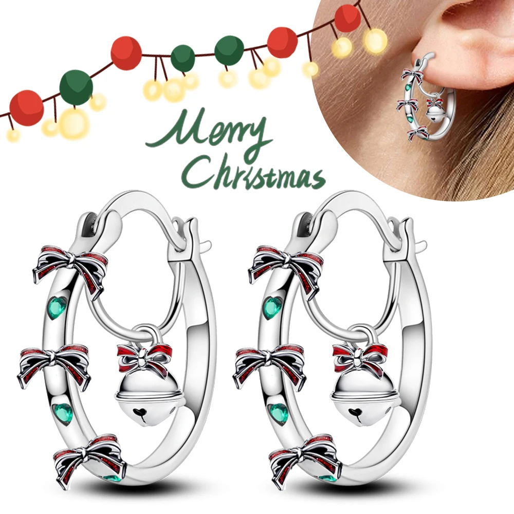 الأصلي 2025 جديد 925 فضة عيد الميلاد الأحمر القوس جرس Charms أقراط للنساء أقراط هدايا عيد الميلاد مجوهرات #2