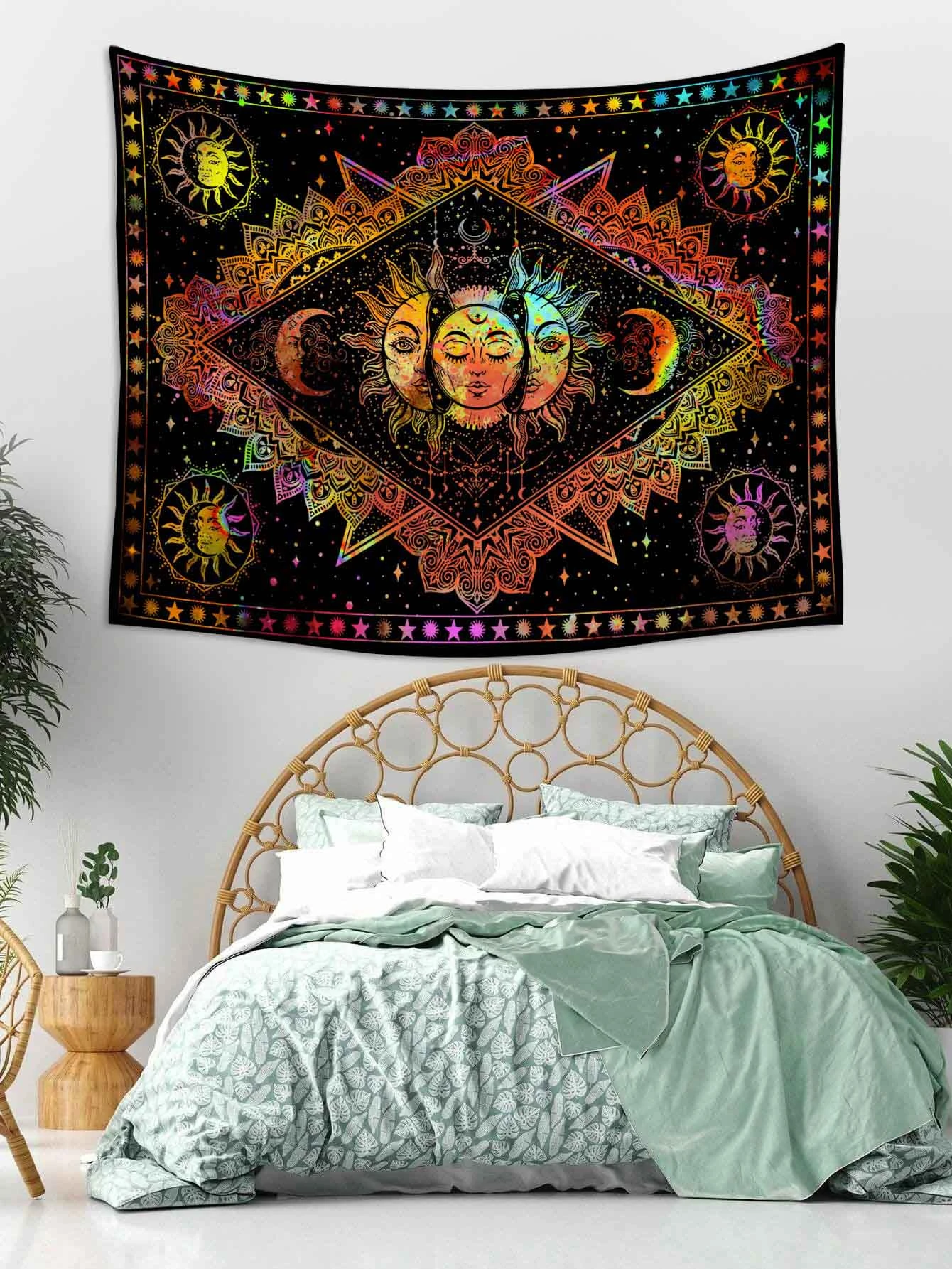 Sun and Moon Tapestry, A Tapestry of Blazing Sun and Stars, A Black and White Mystery Tarot Card Tapestry for Home Decoration.