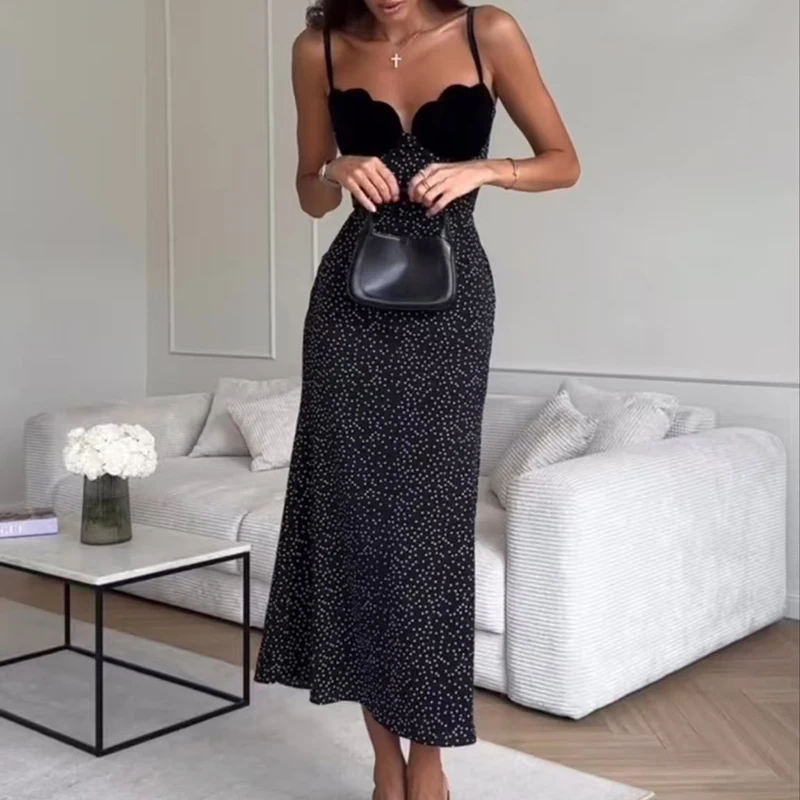 

Spring Summer Color Blocked Printed Slim Party Dress Lady Sexy Off Shoulder High Waist A-line Dress Retro Sleeveless Long Dress
