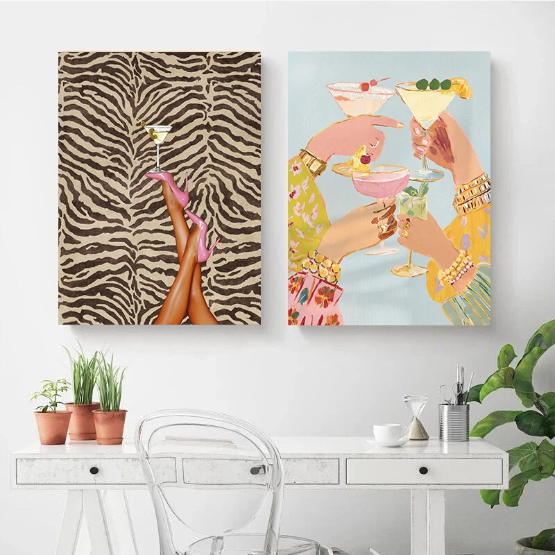 Playful Fashionable Cocktail Themed Girly Posters Zebra Print High Heel Wall Art Art Posters Bar Parties and Living Room Decor