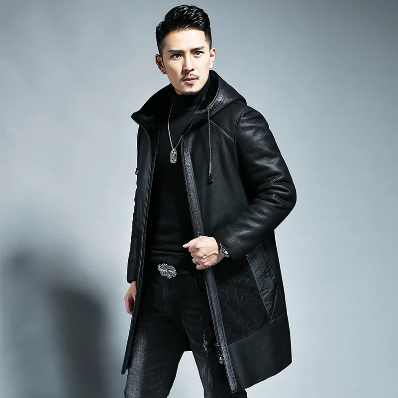 

Original Ecological Natural Sheepskin Fur Long Hooded Men's Genuine Leather Jacket Men Winter Trench Coat Shearling Coats L- 5XL