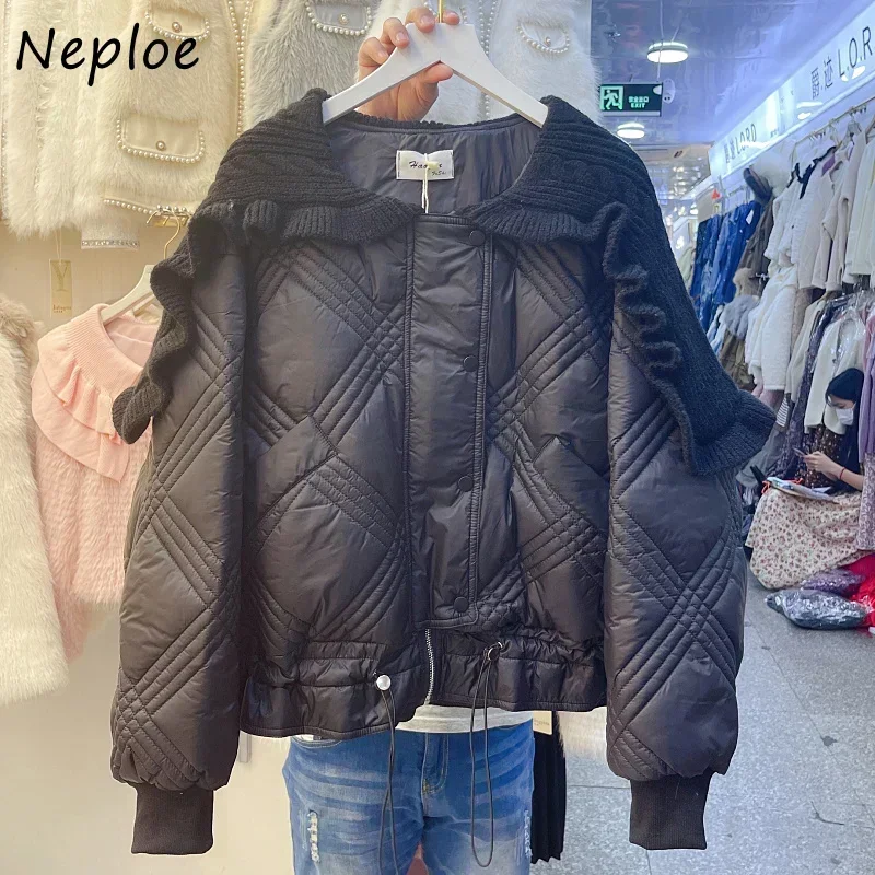 Neploe Knit Ruffles Patchwork Parkas Autumn Winter Coats Turn Down Collar Single-breasted Drawstring Puffer Jacket