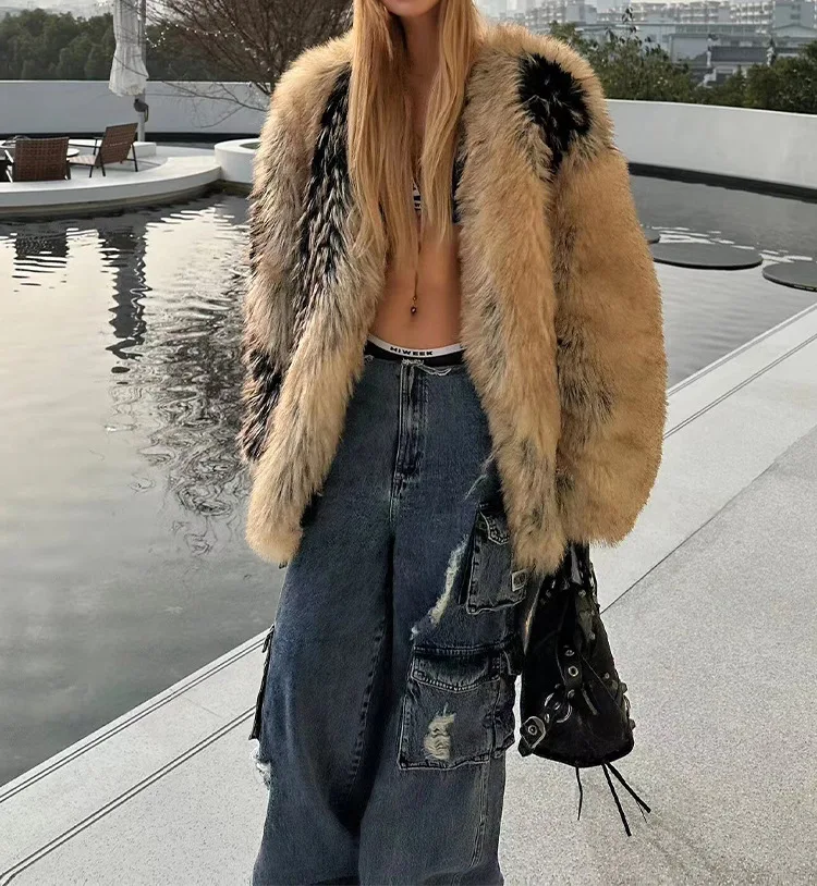 Print namaakbont jassen dames losse O-hals lange mouwen pluizige warme parka vrouwelijke winter chique mode straat outwears bontjas